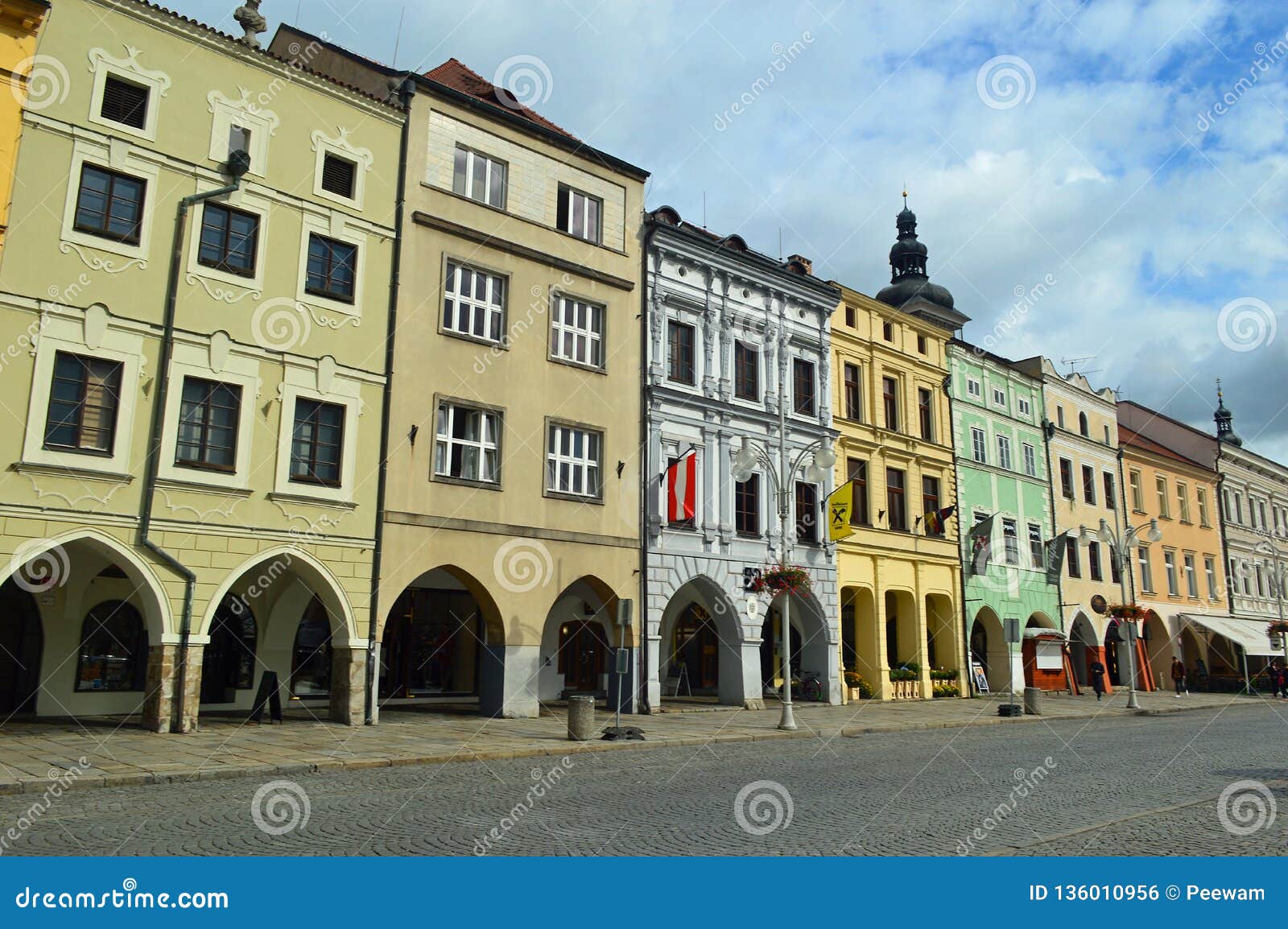 colourful arcaded buildings in ceske budejovice czech republic